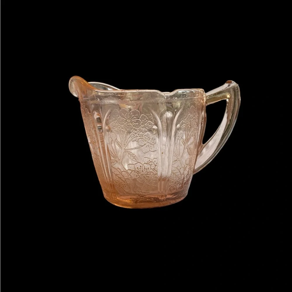 Vintage Pink Depression Glass Cherry Blossom Creamer & Sugar Set Jeannette 1930s